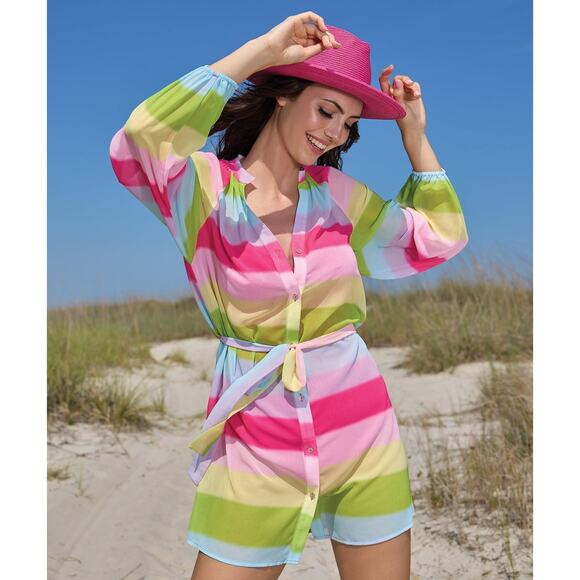 Colorful Rainbow Stripe Tunic Surf Resort Beach Sheer CoverUp M Pastel Colorful - Picture 1 of 15